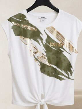 DKNY White Tank with Olive Green and Metallic Gold Brushstroke Graphic